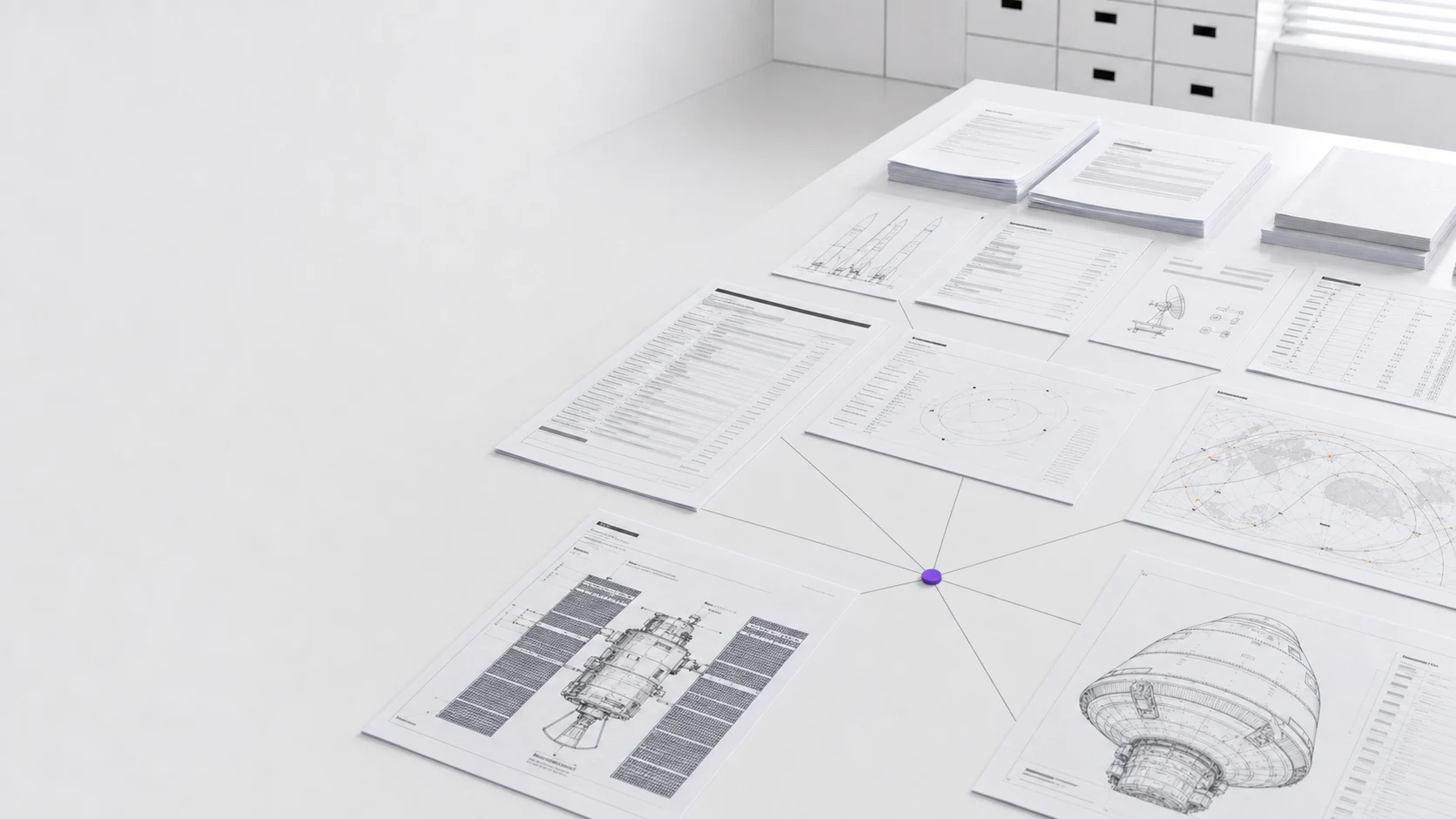 Launch manifests, satellite bus schematics, ground-segment diagrams, orbital maps and spacecraft drawings converging on a violet decision node